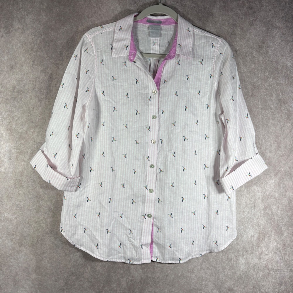 Chico's Button Down Shirt Womens 0 US 4 Pink Hummingbird No Iron‎ Linen Stripe